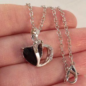Silver Plated Black Onyx Diamond Zircon Heart Pendant Necklace 3.16ctw